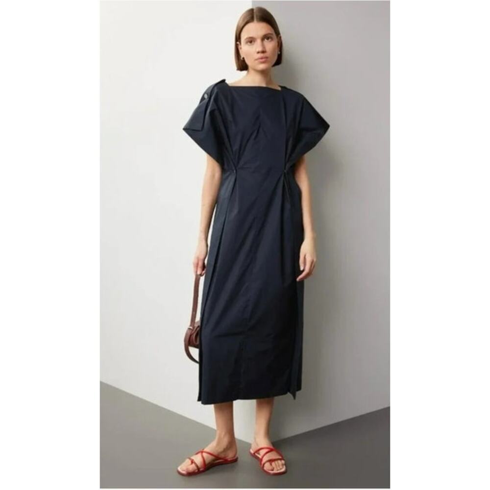 Plan C Button Back Dress Batwing Sleeve Pintucked Midi Navy Blue EU 38